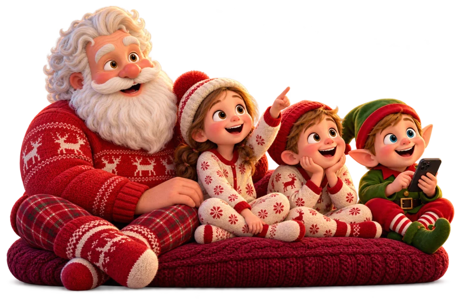 Mikołaj, elf i dwoje bajkowych dzieci oglądają wspólnie film